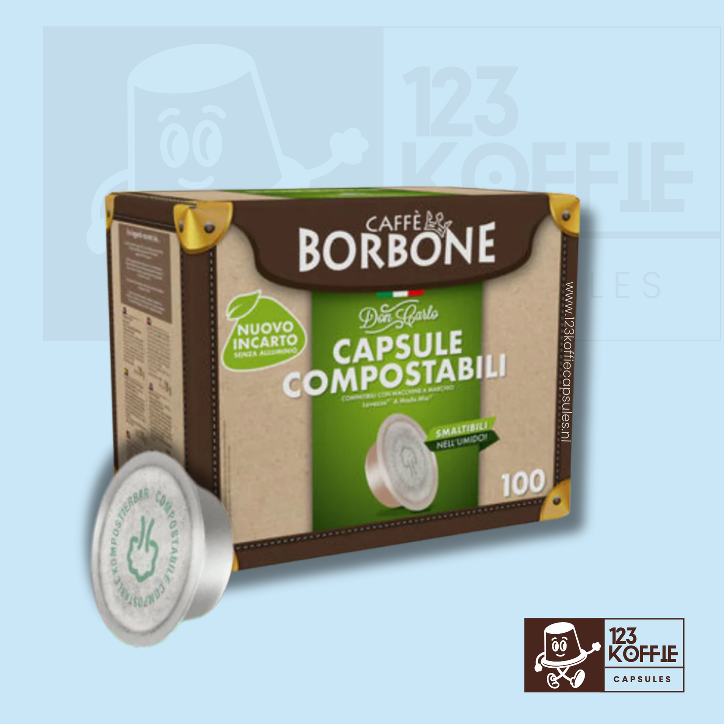Verpakking van Caffè Borbone Don Carlo Rossa composteerbare koffiecapsules, compatibel met Lavazza A Modo Mio, Italiaanse espresso met intensiteit 9 en duurzame capsule