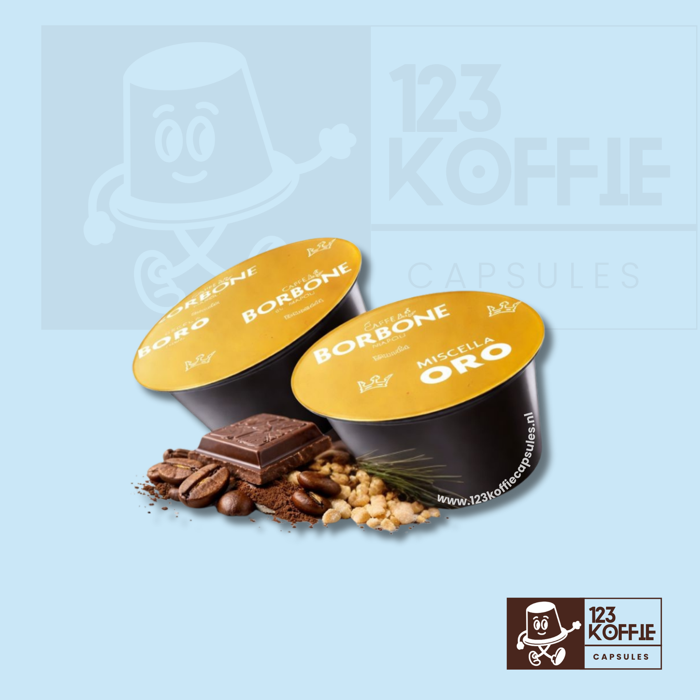 Caffè Borbone Oro capsules voor Dolce Gusto met zachte, ronde smaak – afgebeeld met koffiebonen, cacao en lichte biscuittonen die het aromatische Italiaanse espresso-profiel weergeven