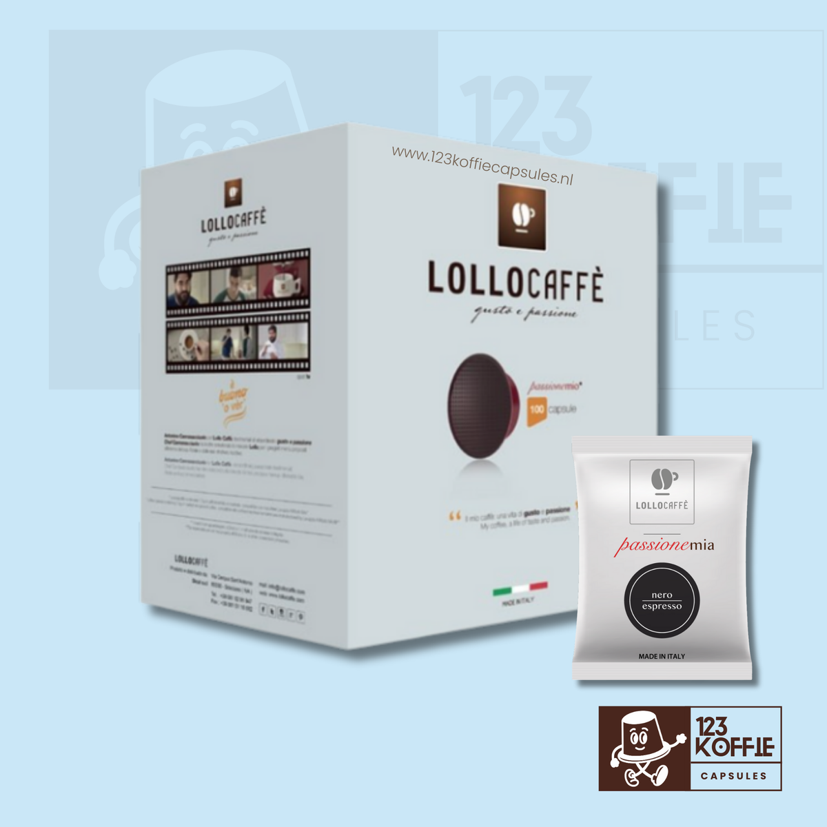 Verpakking Lollo Miscela Nera A Modo Mio capsules 100 stuks krachtige Italiaanse espresso
