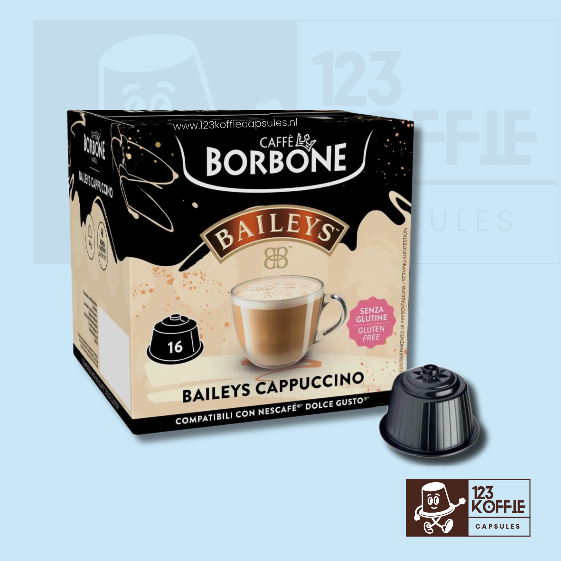 Verpakking van 16 Borbone Bayles® koffiecapsules voor Dolce Gusto met romige koffielikeurachtige smaak