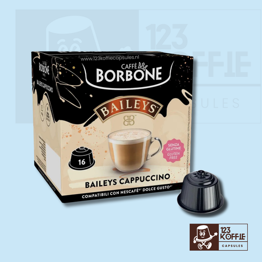 Verpakking van 16 Borbone Bayles® koffiecapsules voor Dolce Gusto met romige koffielikeurachtige smaak
