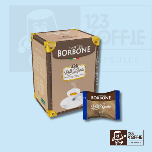 Verpakking van 50 Borbone Blu Don Carlo koffiecapsules voor Lavazza A Modo Mio met blauwe zakjes en capsule, ronde Italiaanse espresso met volle body
