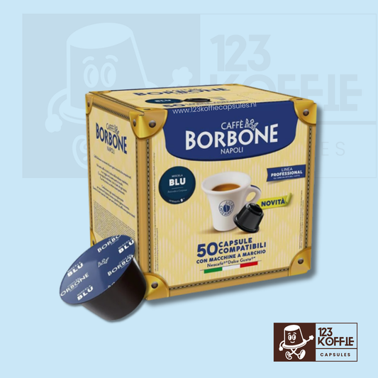 Verpakking van 50 Borbone Blu koffiecapsules voor Dolce Gusto met ronde Italiaanse espresso en volle body