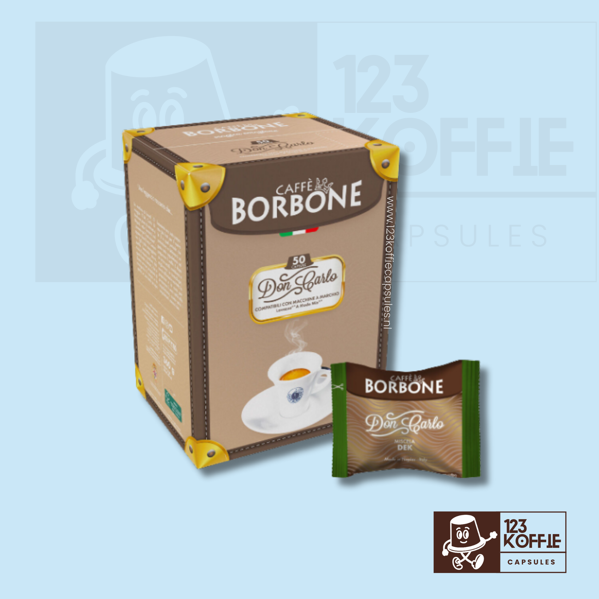 Verpakking van 50 Borbone Dek Don Carlo koffiecapsules voor Lavazza A Modo Mio met decafeïnevrije Italiaanse espresso en zachte volle smaak