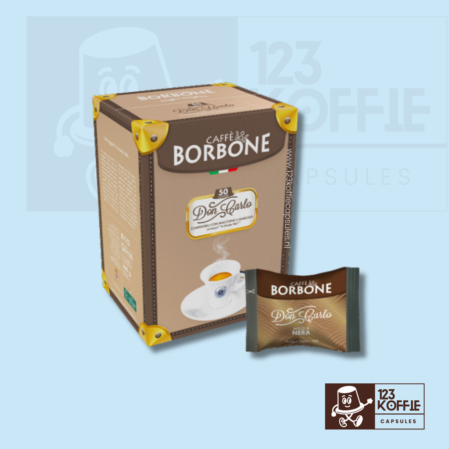 Verpakking van 50 Borbone Nera Don Carlo koffiecapsules voor Lavazza A Modo Mio met sterke Italiaanse espresso en intense smaak