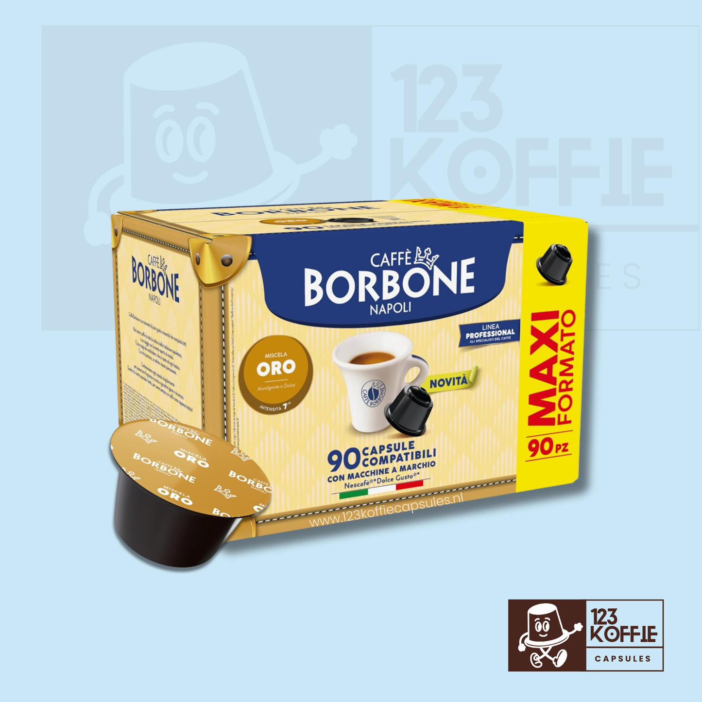 Verpakking van 90 Borbone Oro koffiecapsules voor Dolce Gusto met zachte Italiaanse espresso en volle body