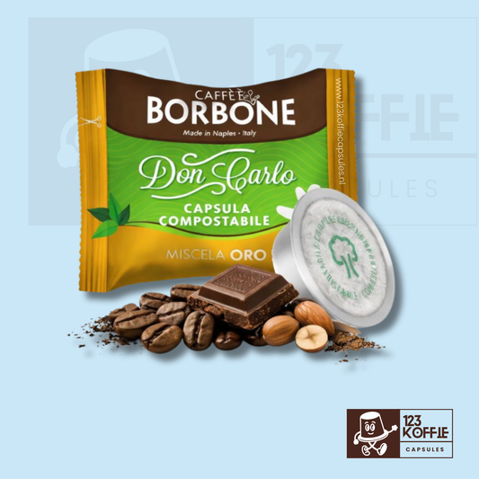 Borbone Oro composteerbare koffiecapsule met cacao- en notige tonen, geschikt voor espresso en ristretto