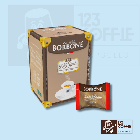 Verpakking van 50 Borbone Rossa Don Carlo koffiecapsules voor Lavazza A Modo Mio met krachtige Italiaanse espresso en volle body