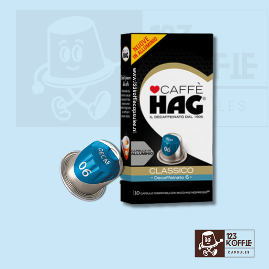 Verpakking van cafeïnevrije espresso capsules compatibel met Nespresso – HAG Decaf 10 stuks