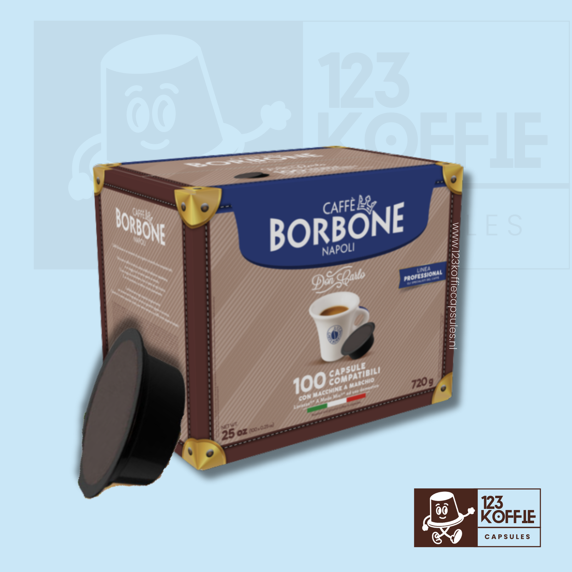 Verpakking van Caffè Borbone Don Carlo voor 100 koffiecapsules, gebruikt voor meerdere Borbone blends en compatibel met het capsulesysteem
