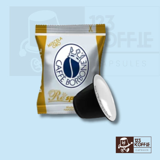 Verpakking van Caffè Borbone Respresso Oro koffiecapsules, 50 stuks, intensiteit 7, milde en verfijnde Italiaanse espresso