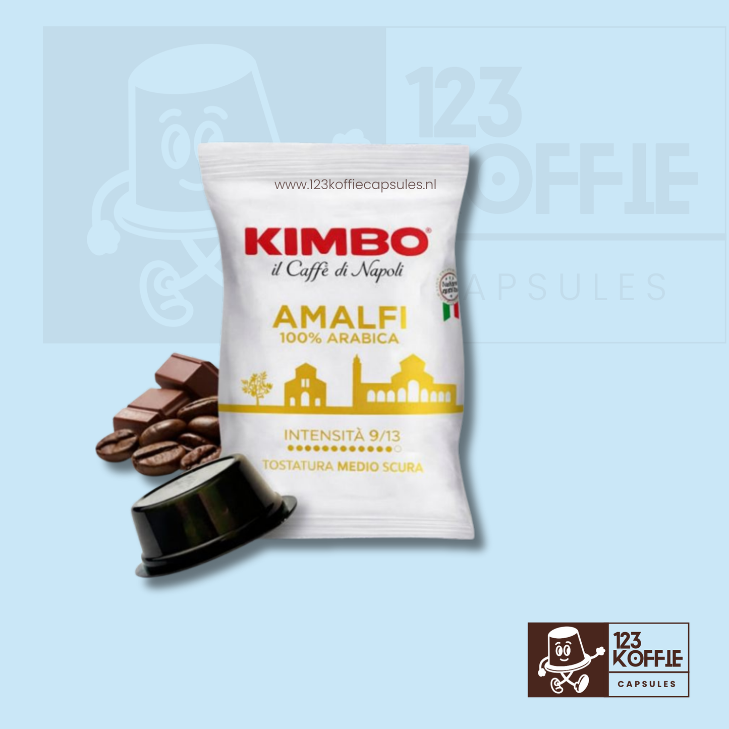 Kimbo Amalfi Dolce Gusto koffiecapsules met koffiebonen en zachte cacao-accenten, ronde Italiaanse espresso

