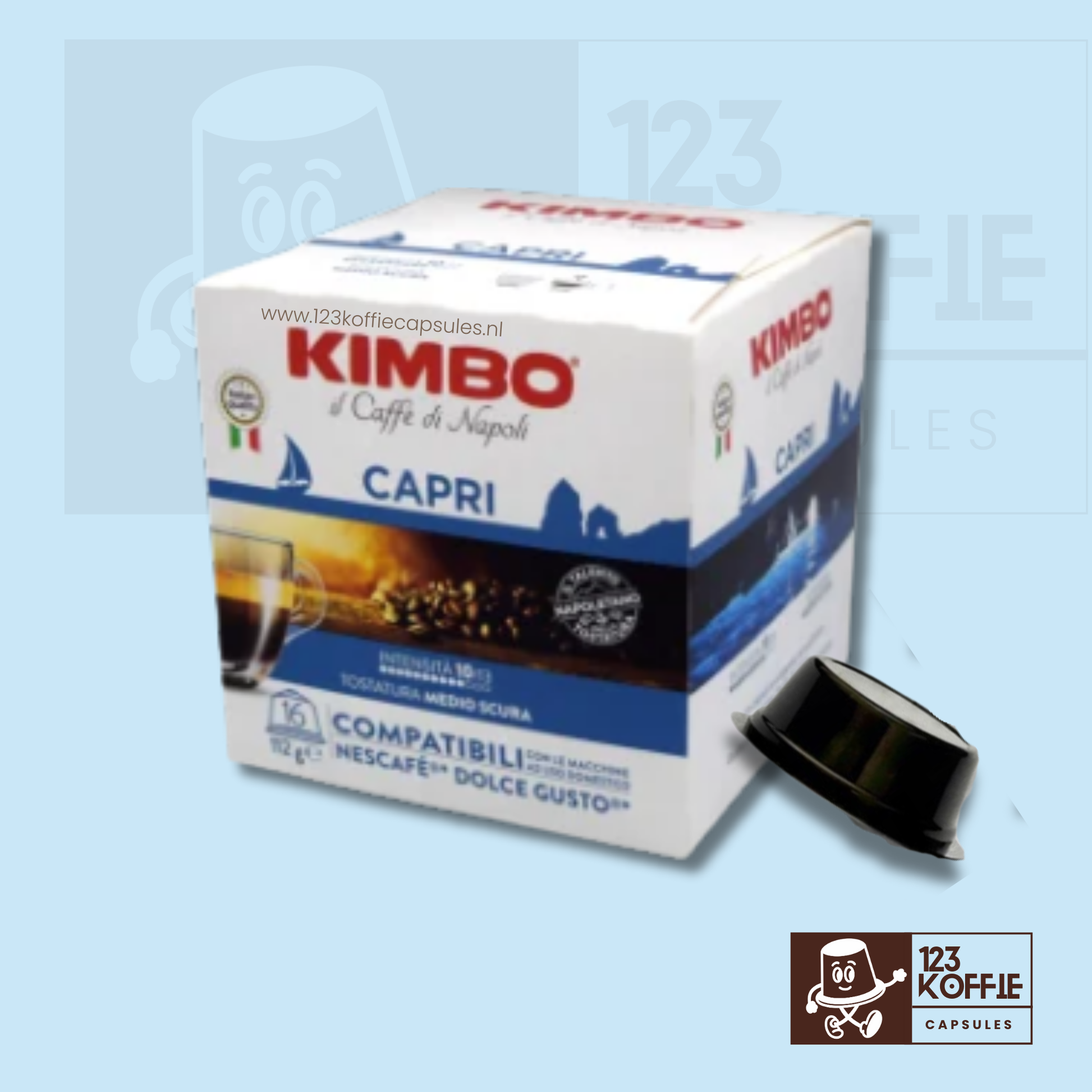 Verpakking van Kimbo Capri Dolce Gusto capsules 16 stuks met aromatische Italiaanse espresso.
