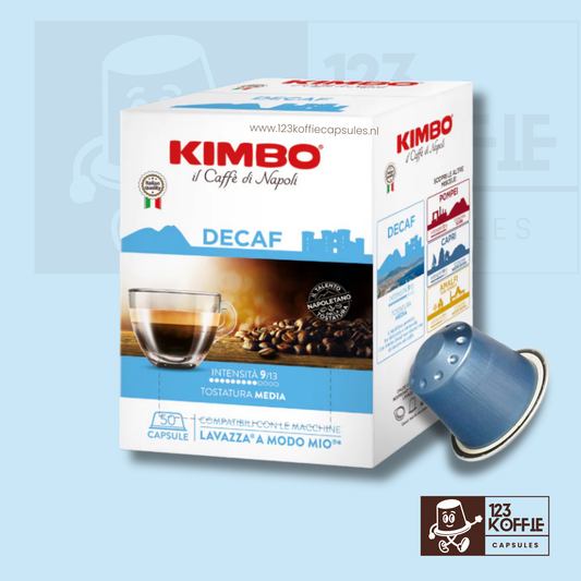 Verpakking Kimbo Decaffeinato capsules compatibel met Lavazza A Modo Mio, 50 stuks zachte cafeïnevrije espresso
