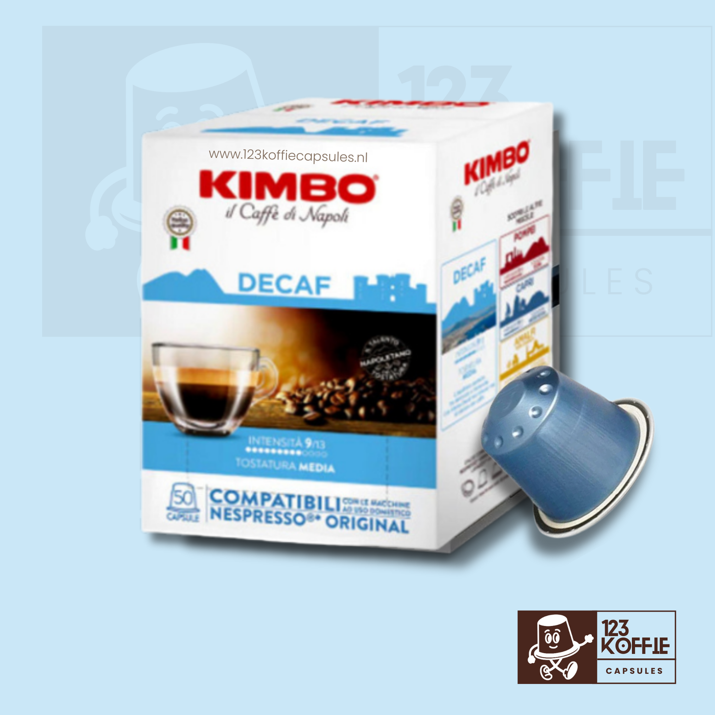 Verpakking Kimbo Decaffeinato Nespresso capsules 50 stuks – cafeïnevrije espresso