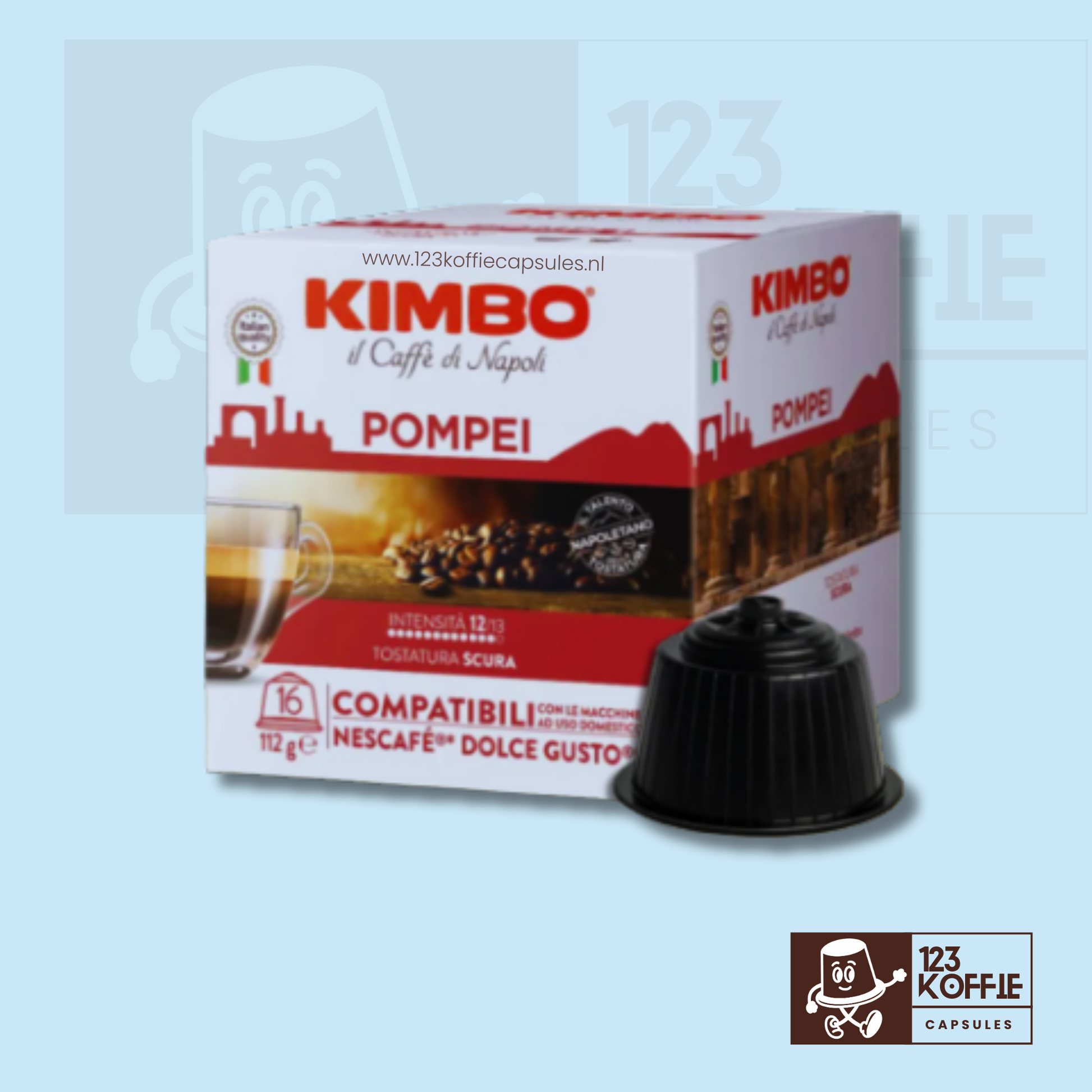 Verpakking van Kimbo Pompei Dolce Gusto capsules 16 stuks met hoge intensiteit en donker gebrande Italiaanse espresso.