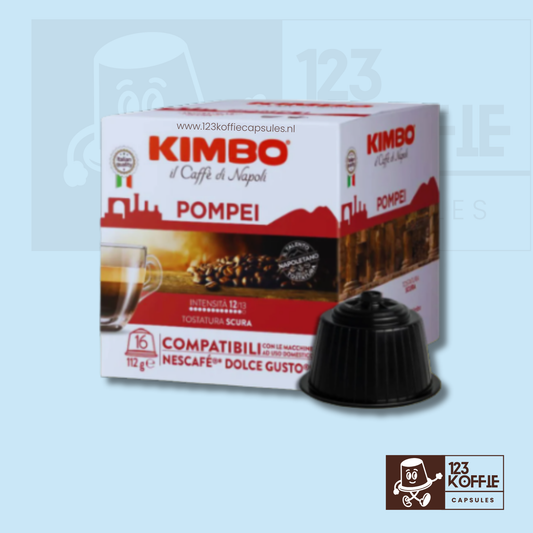 Verpakking van Kimbo Pompei Dolce Gusto capsules 16 stuks met hoge intensiteit en donker gebrande Italiaanse espresso.