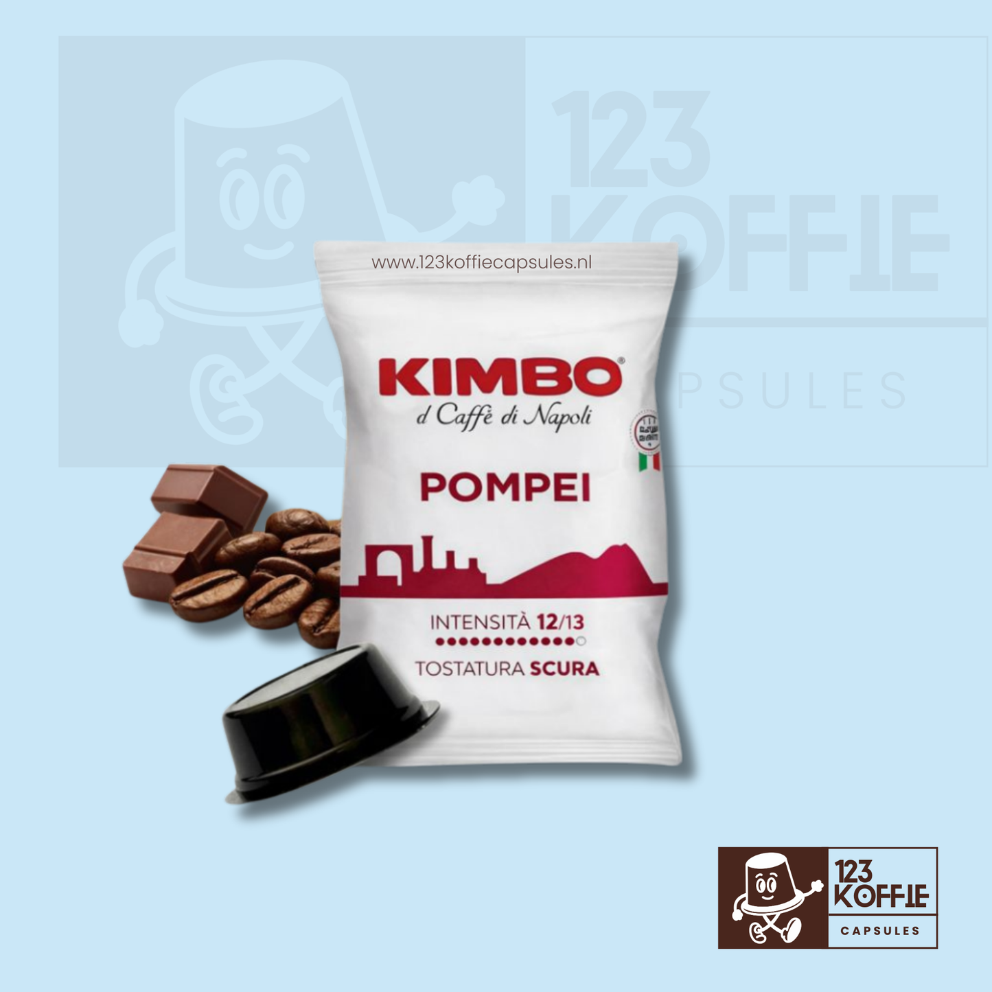 Kimbo Pompei capsules compatibel met Nespresso met koffiebonen en cacao tonen