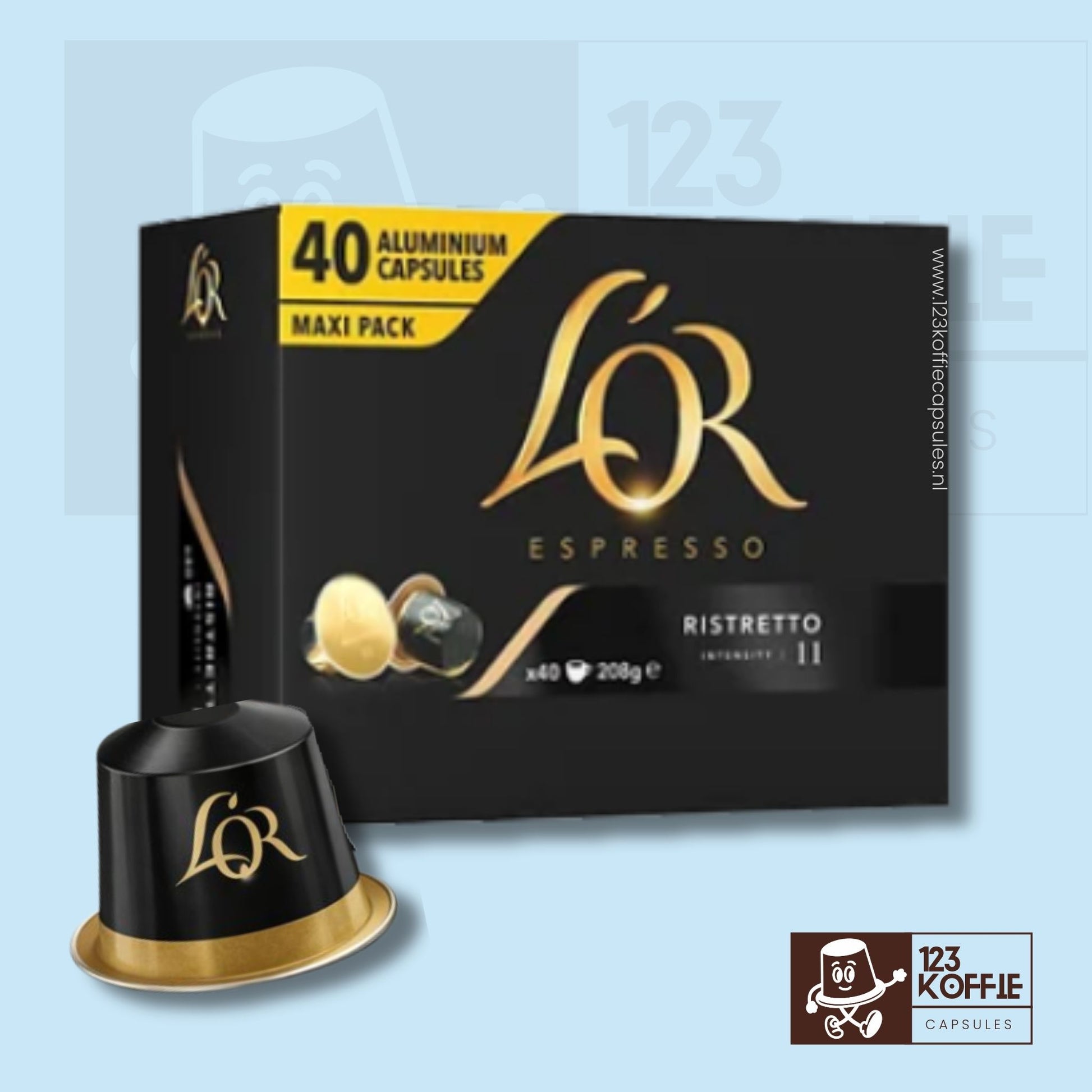Verpakking van L’OR Ristretto koffiecapsules, 40 stuks, intensiteit 11, compatibel met Nespresso Original machines