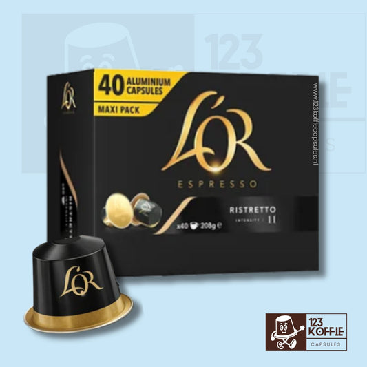 Verpakking van L’OR Ristretto koffiecapsules, 40 stuks, intensiteit 11, compatibel met Nespresso Original machines
