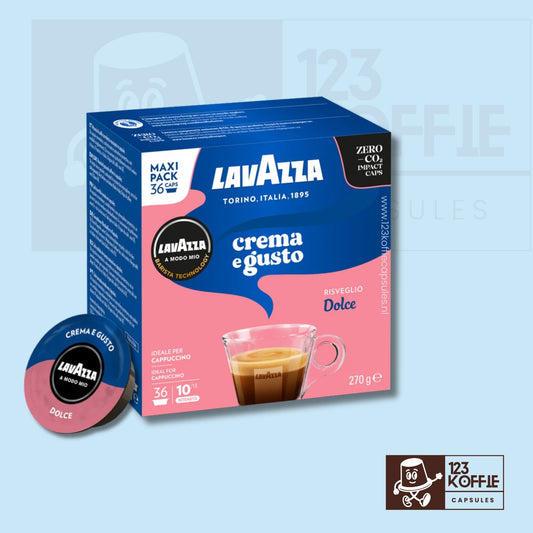 Verpakking Lavazza Crema e Gusto Dolce koffiecapsules 36 stuks, zachte Italiaanse espresso met hazelnootachtig aroma, compatibel met Lavazza A Modo Mio machines