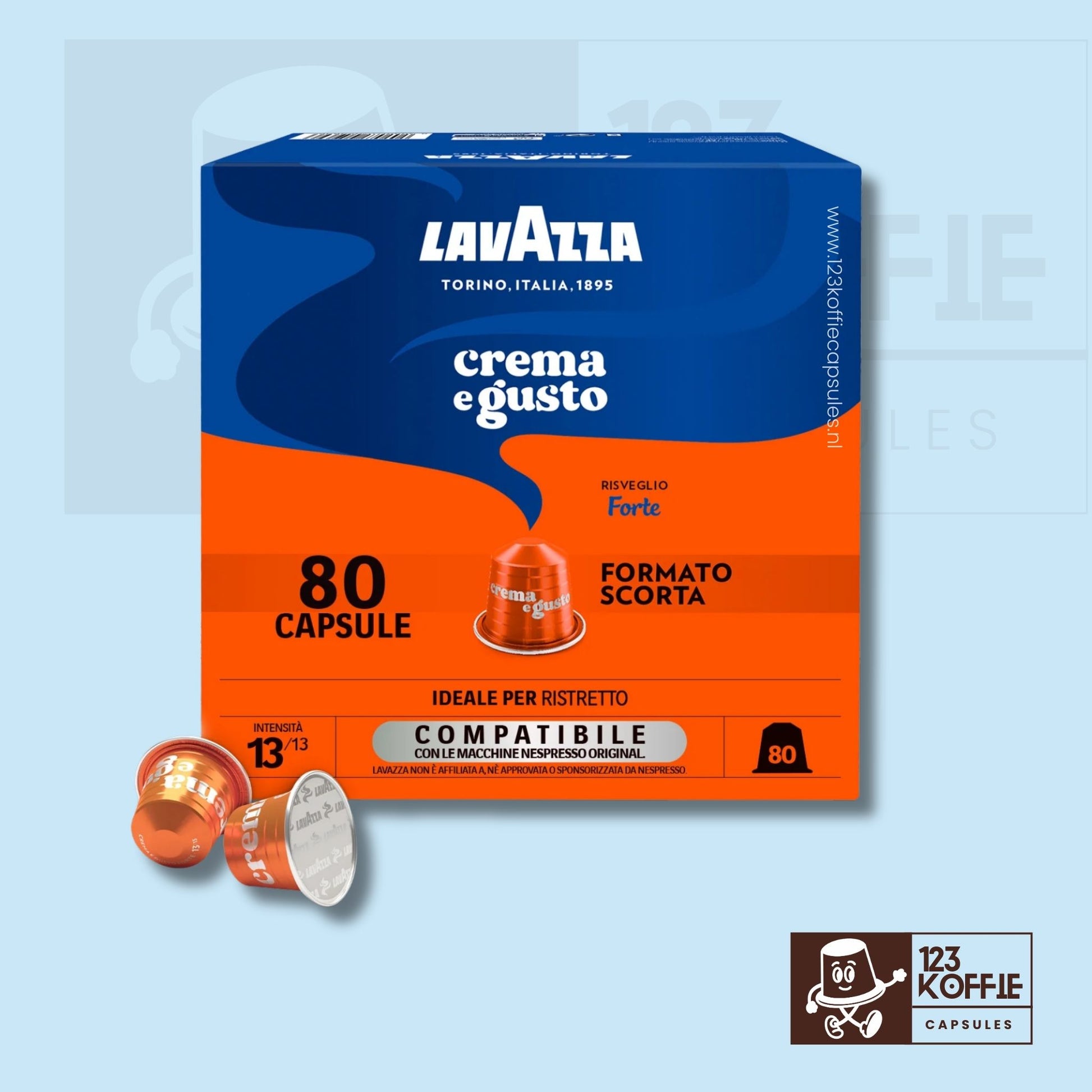 Verpakking Lavazza Crema e Gusto Forte aluminium capsules compatibel met Nespresso 80 stuks