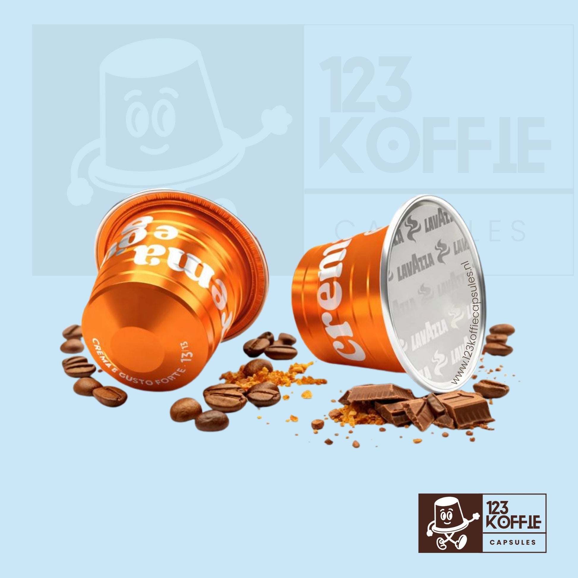 Lavazza Crema e Gusto Forte aluminium koffiecapsules met koffiebonen en chocoladetonen