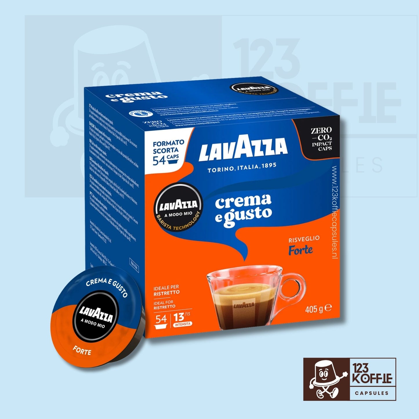 Verpakking Lavazza Crema e Gusto Forte koffiecapsules 54 stuks, krachtige Italiaanse espresso, compatibel met Lavazza A Modo Mio machines