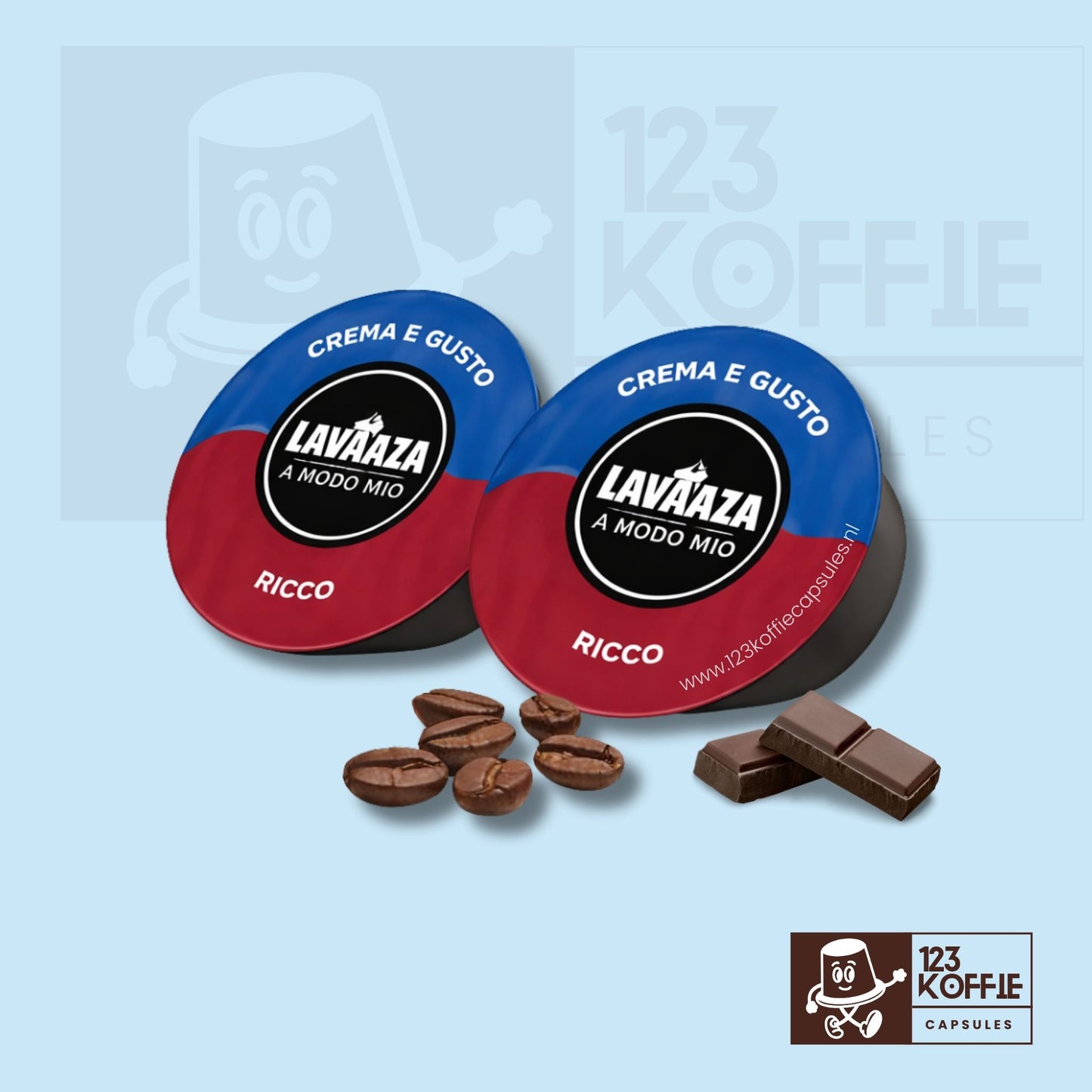 Lavazza Crema e Gusto Ricco koffiecapsules voor A Modo Mio, donkere krachtige espresso met volle body en intense smaak