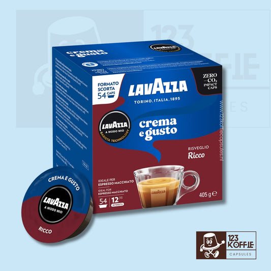 Verpakking Lavazza Crema e Gusto Ricco koffiecapsules 54 stuks, krachtige Italiaanse espresso, compatibel met Lavazza A Modo Mio machines