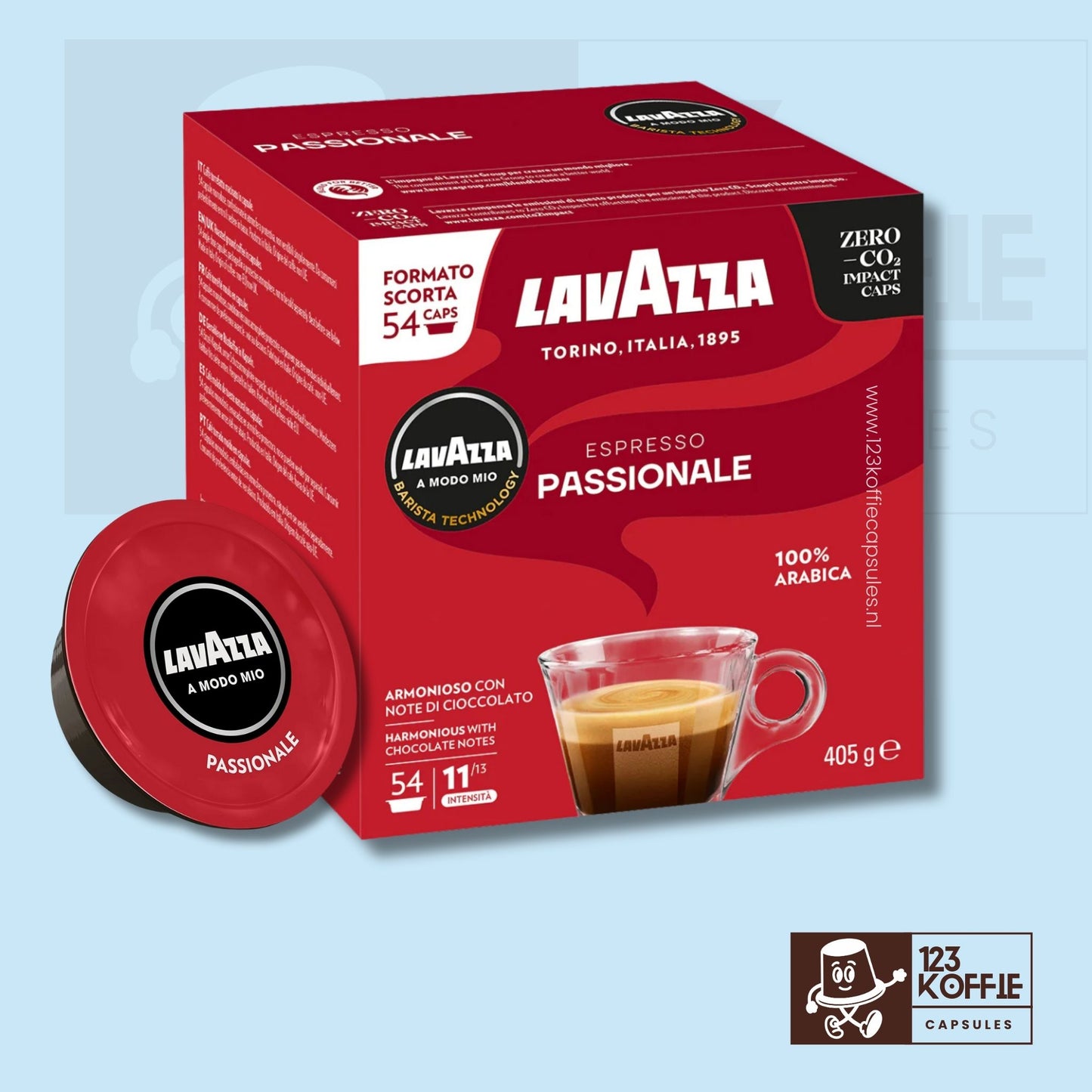 Verpakking Lavazza Passionale A Modo Mio capsules 54 stuks intensiteit 11