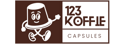 123 Koffie Capsules logo – vrolijk koffiecupje met tekst 123 Koffie Capsules