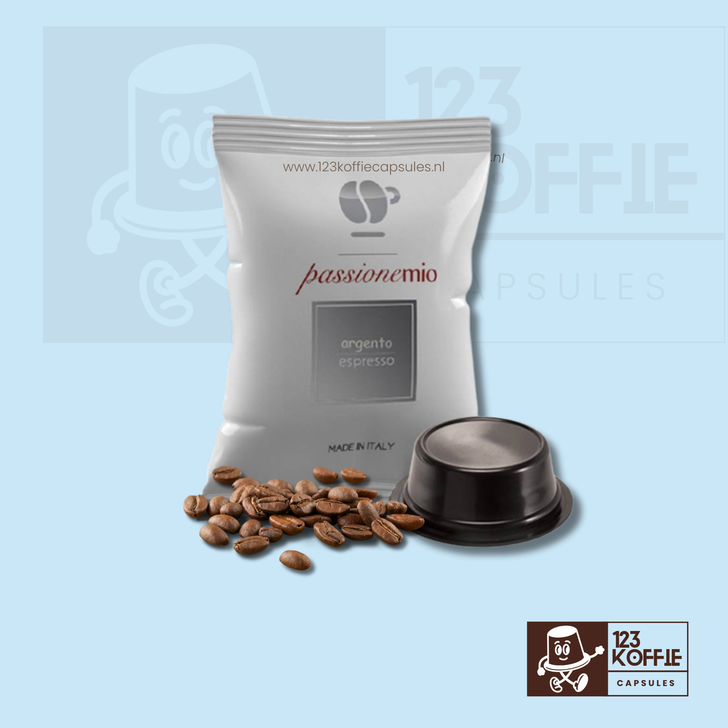 Lollo Argento espresso capsules met licht gebrande koffiebonen, milde Italiaanse espresso voor dagelijks gebruik
