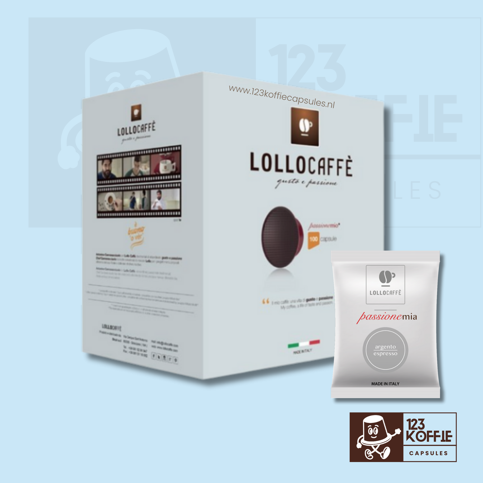 Verpakking Lollo Miscela Argento A Modo Mio capsules 100 stuks milde Italiaanse espresso