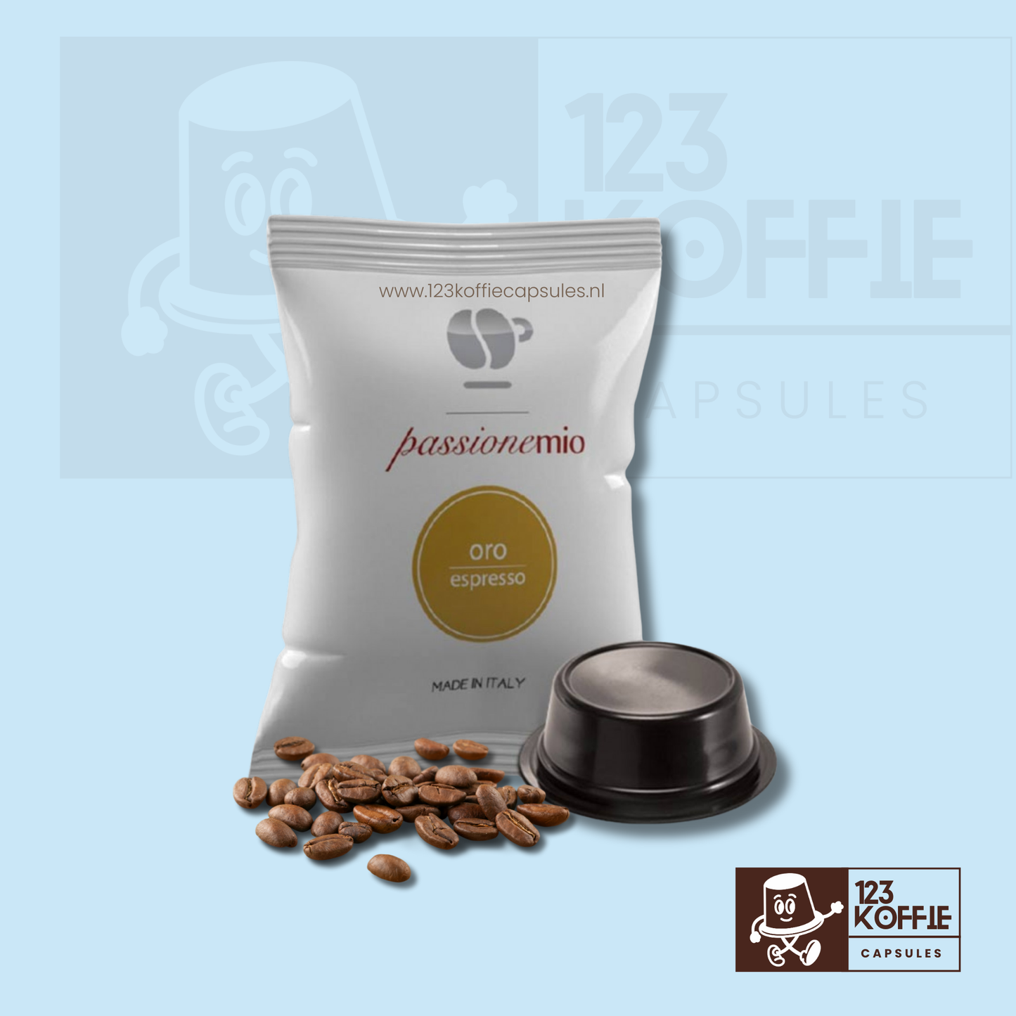 Lollo Oro espresso capsules met koffiebonen en zachte smaaktonen, Italiaanse espresso compatibel met A Modo Mio
