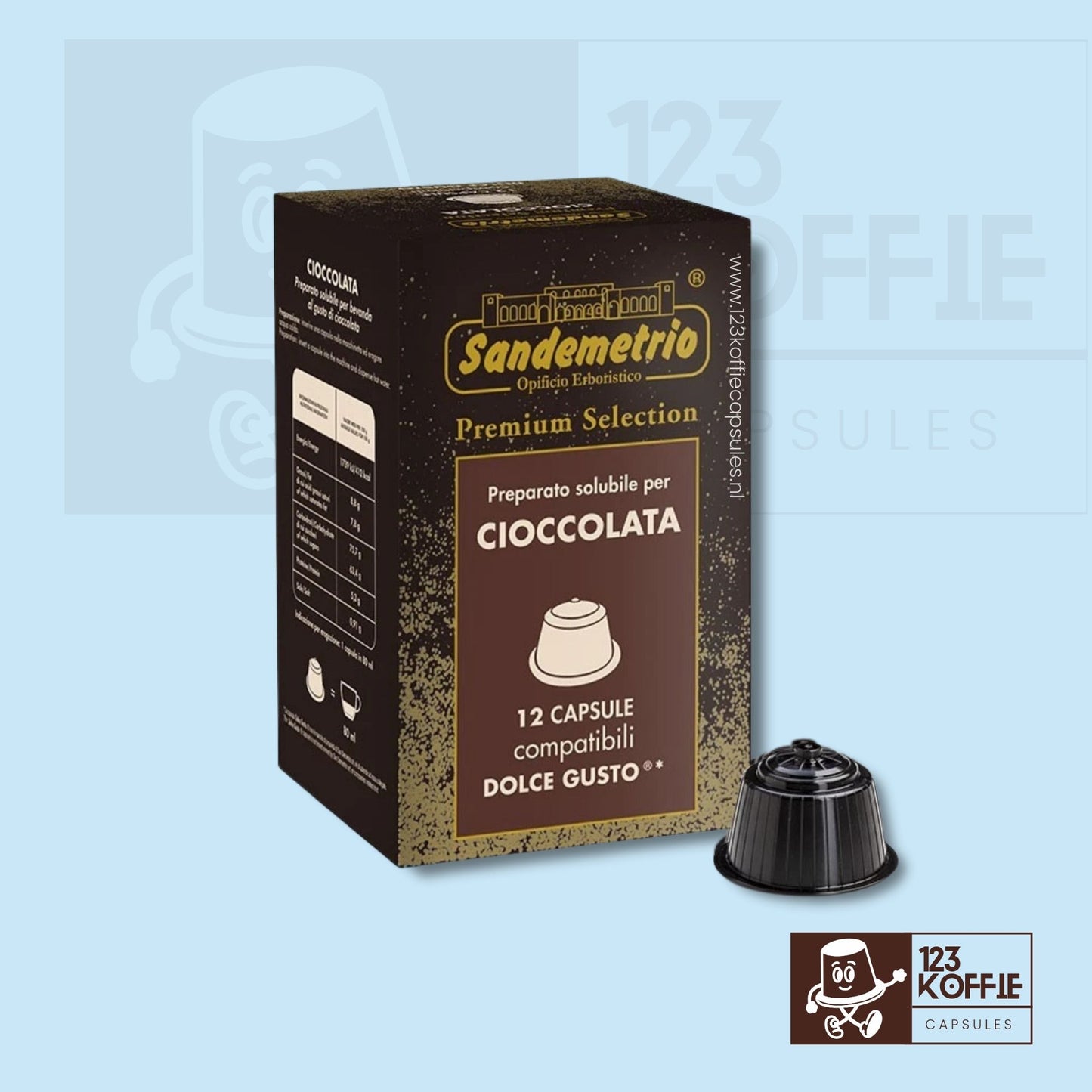 Verpakking van Sandemetrio Cioccolato koffiecapsules, 12 stuks, Italiaanse romige chocolade koffiedrank met cacao, compatibel met Dolce Gusto machines