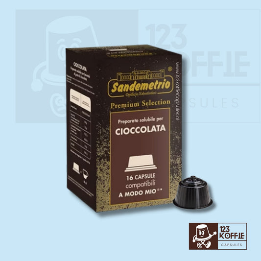 Verpakking Sandemetrio Cioccolato koffiecapsules 16 stuks, Italiaanse chocolade koffiedrank, compatibel met Lavazza A Modo Mio