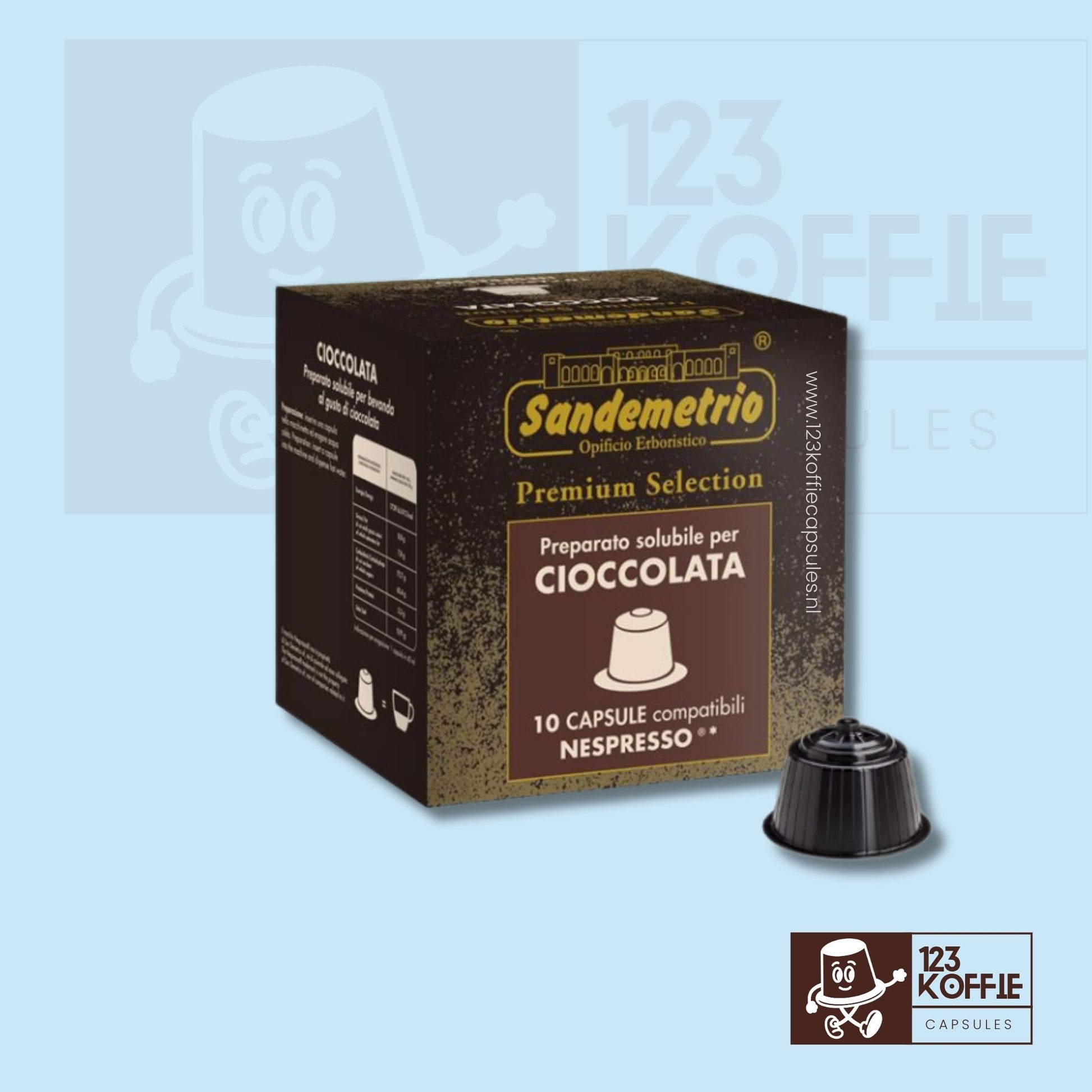 Verpakking van Sandemetrio Cioccolatte koffiecapsules, 10 stuks, romige chocolade koffiedrank met cacao, onderdeel van Sandemetrio specialiteitenserie voor Nespresso Original