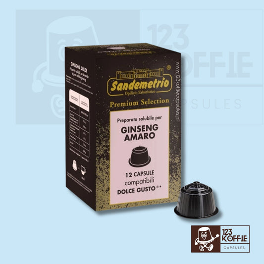 Verpakking van Sandemetrio Ginseng Amaro koffiecapsules, 12 stuks, Italiaanse ginseng koffiedrank met minder zoete en licht bittere smaak, compatibel met Dolce Gusto