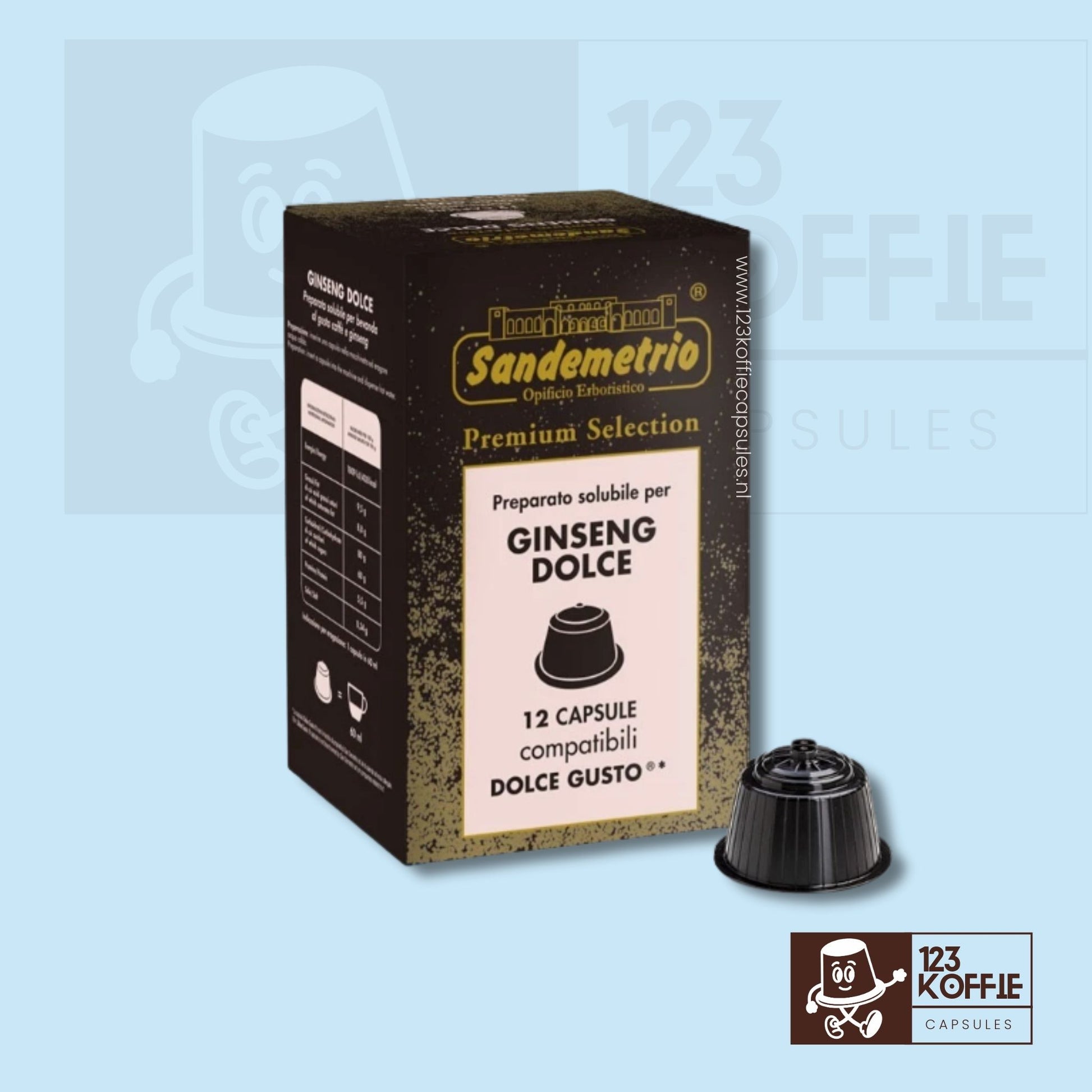 Verpakking van Sandemetrio Ginseng koffiecapsules, 12 stuks, Italiaanse romige koffiedrank met ginsengextract, compatibel met Dolce Gusto machines