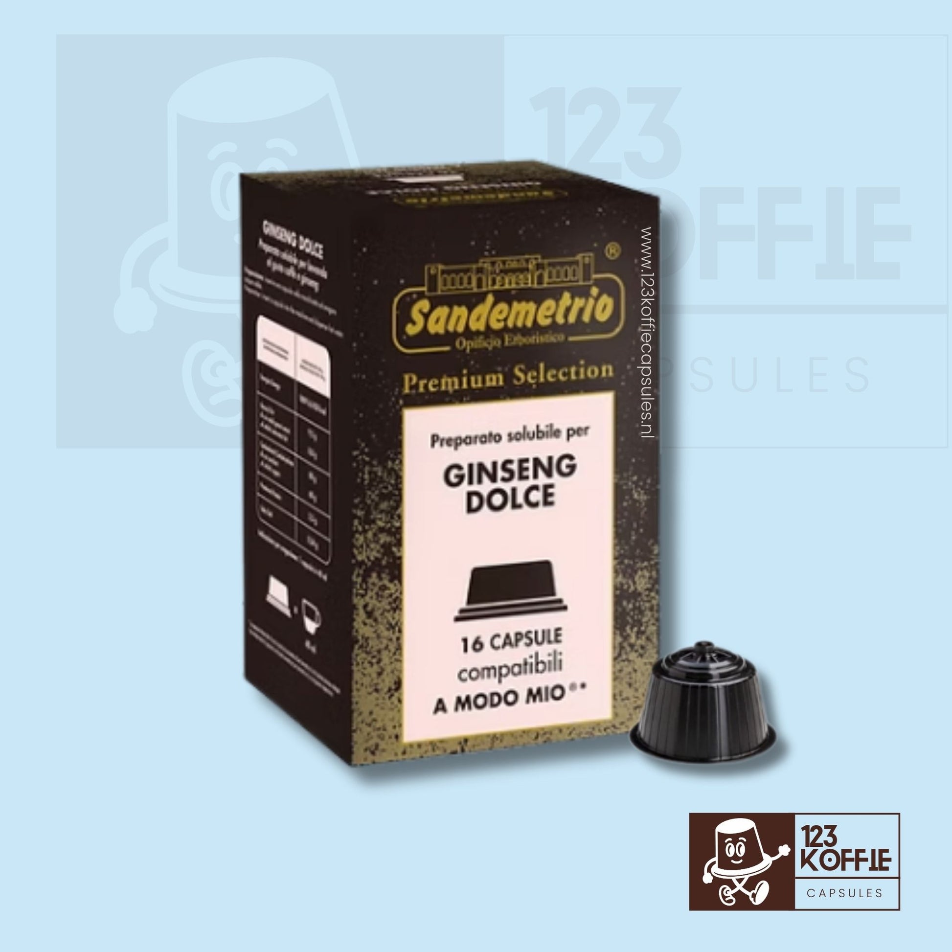 Verpakking Sandemetrio Ginseng koffiecapsules 16 stuks, Italiaanse ginseng koffiedrank, compatibel met Lavazza A Modo Mio