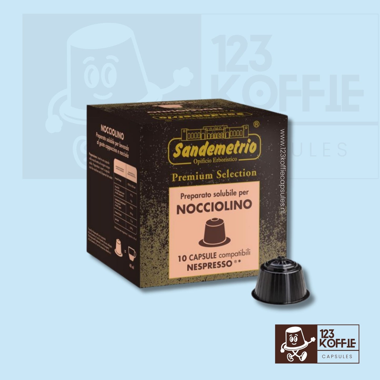 Verpakking Sandemetrio Nocciolino koffiecapsules 10 stuks, Italiaanse hazelnoot koffiedrank met cacao, compatibel met Nespresso Original machines