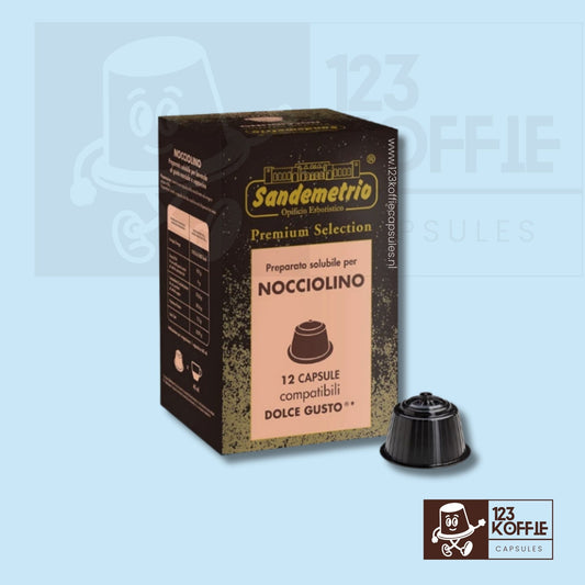 Verpakking van Sandemetrio Nocciolino hazelnoot koffiecapsules, 12 stuks, Italiaanse koffiespecialiteit compatibel met Dolce Gusto
