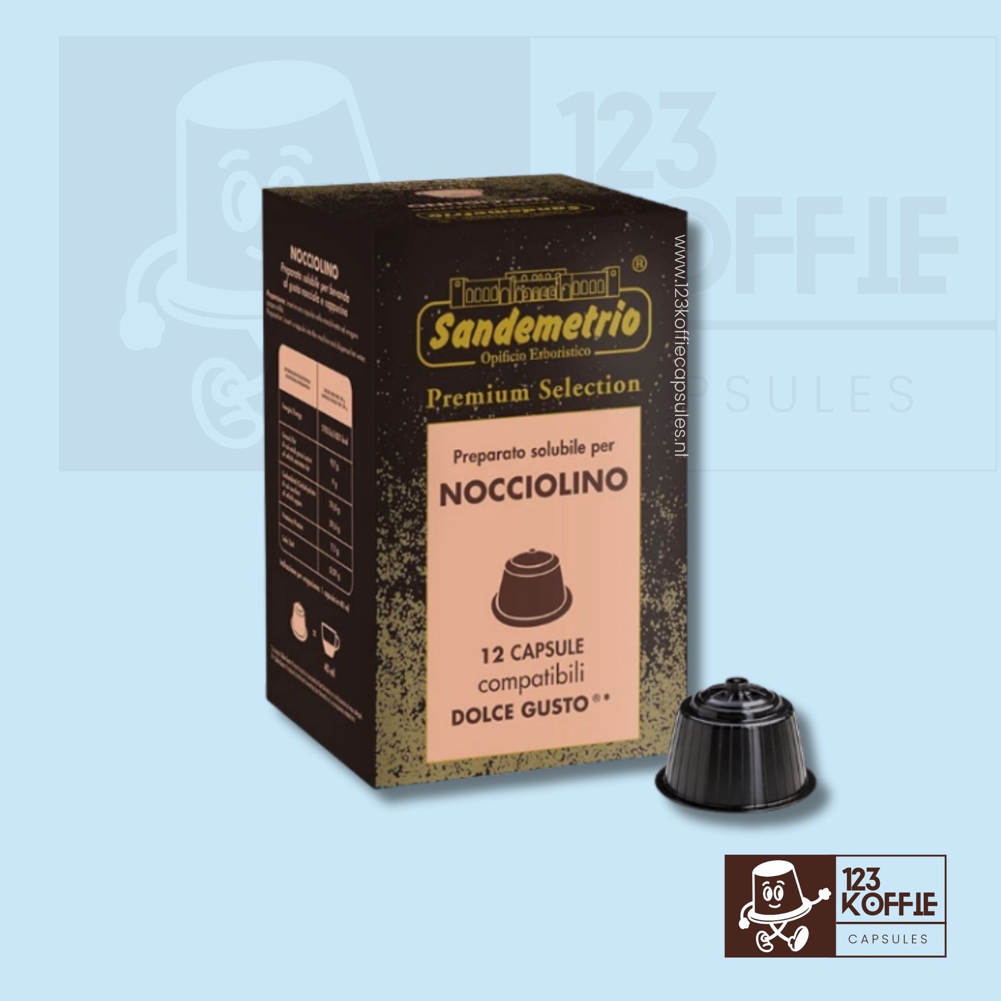 Verpakking van Sandemetrio Nocciolino hazelnoot koffie capsules, 12 stuks, compatibel met Dolce Gusto machines