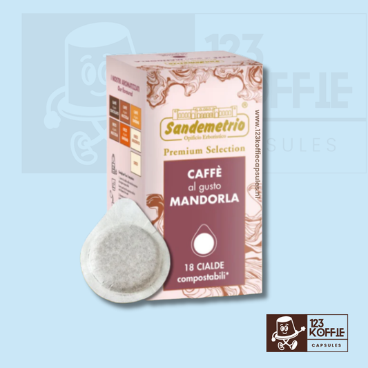 Verpakking van Sandemetrio amandel koffie cialde met 18 stuks voor ESE koffiemachines