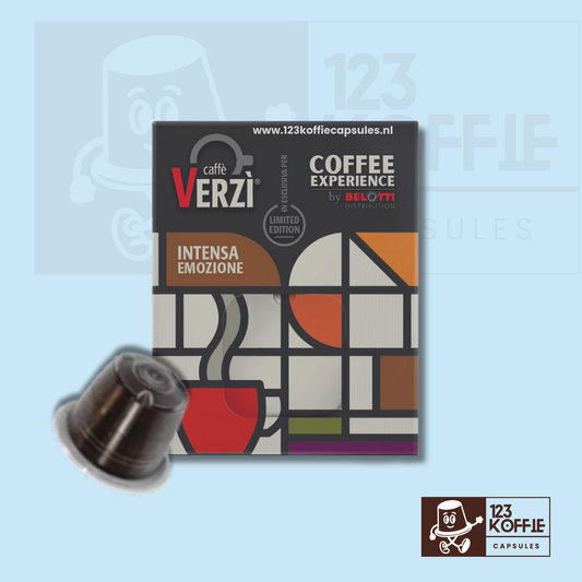 Verpakking van sterke Italiaanse espresso capsules compatibel met Nespresso – Verzì Intensa Emozione 100 stuks