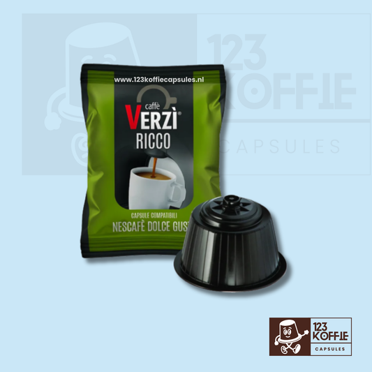 Verpakking van volle Italiaanse espresso capsules compatibel met Dolce Gusto – Verzì Ricco