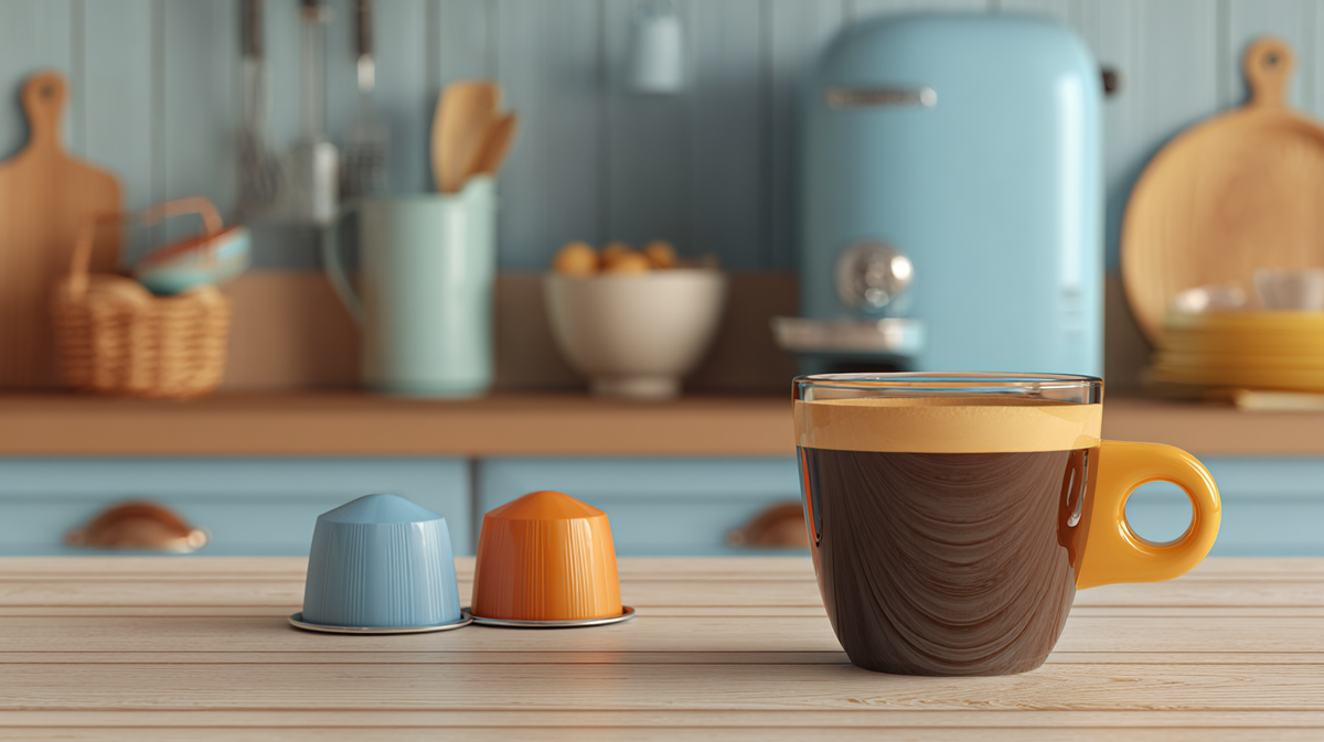 Kop espresso in lichte keuken met Italiaanse koffiecapsules voor Nespresso, Lavazza A Modo Mio en Dolce Gusto – headerafbeelding 123 Koffie Capsules.