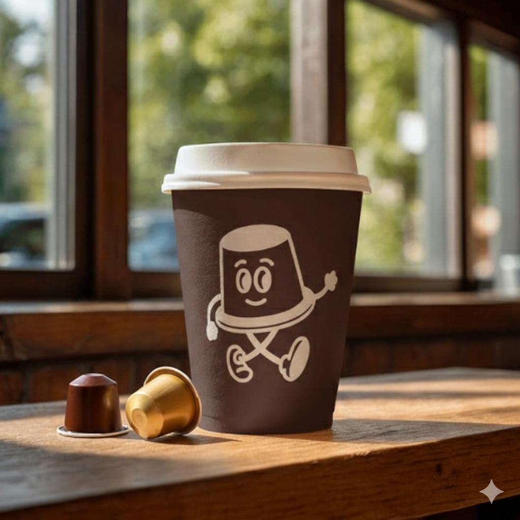 To go koffiebeker met 123 Koffiecapsules logo naast twee Italiaanse koffiecapsules op houten tafel bij golden hour licht – échte Italiaanse smaak thuis